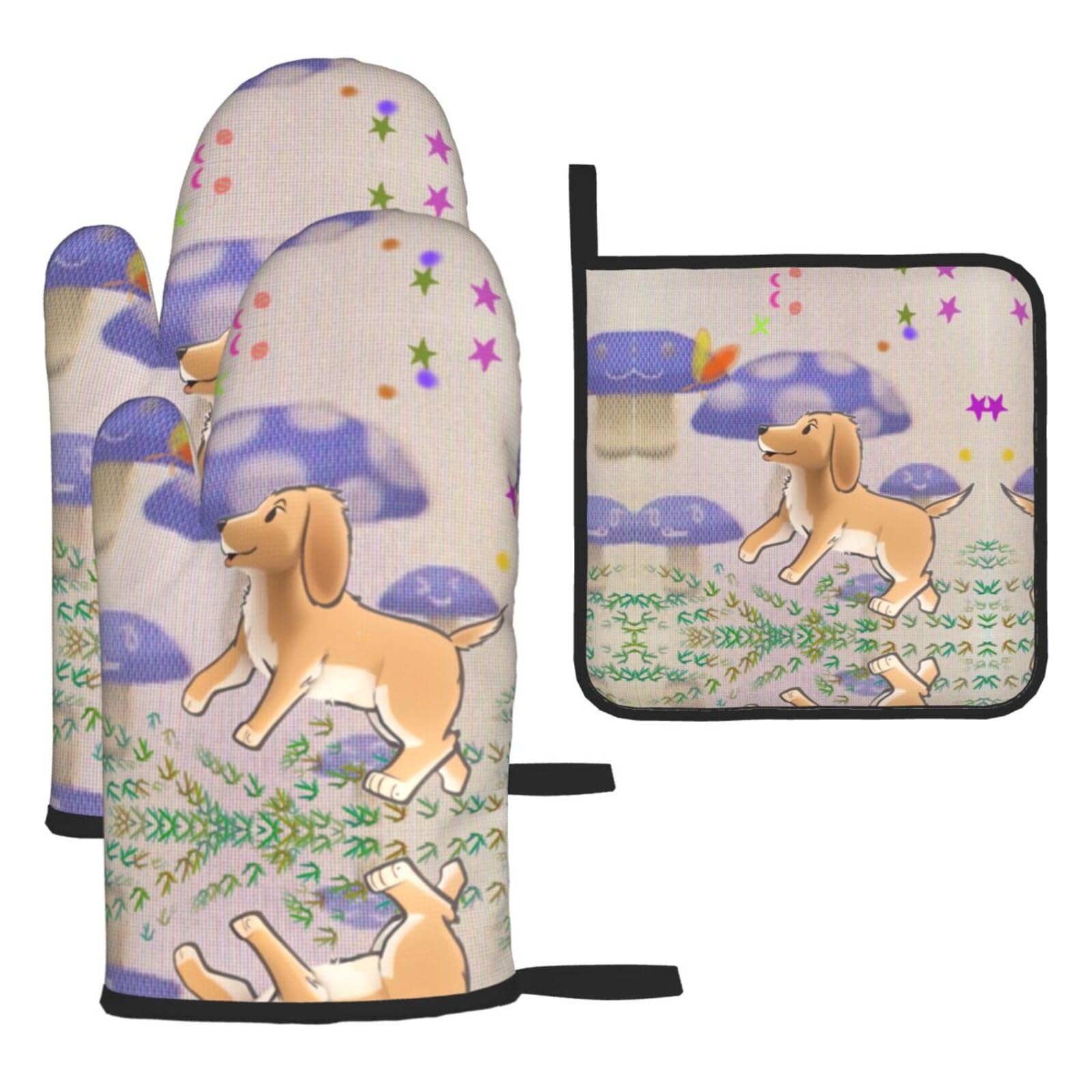 Cartoon mushroom with dog Oven mittens and oven mitts three-piece set suitable for oven, grilling, baking, microwave and home cooking.