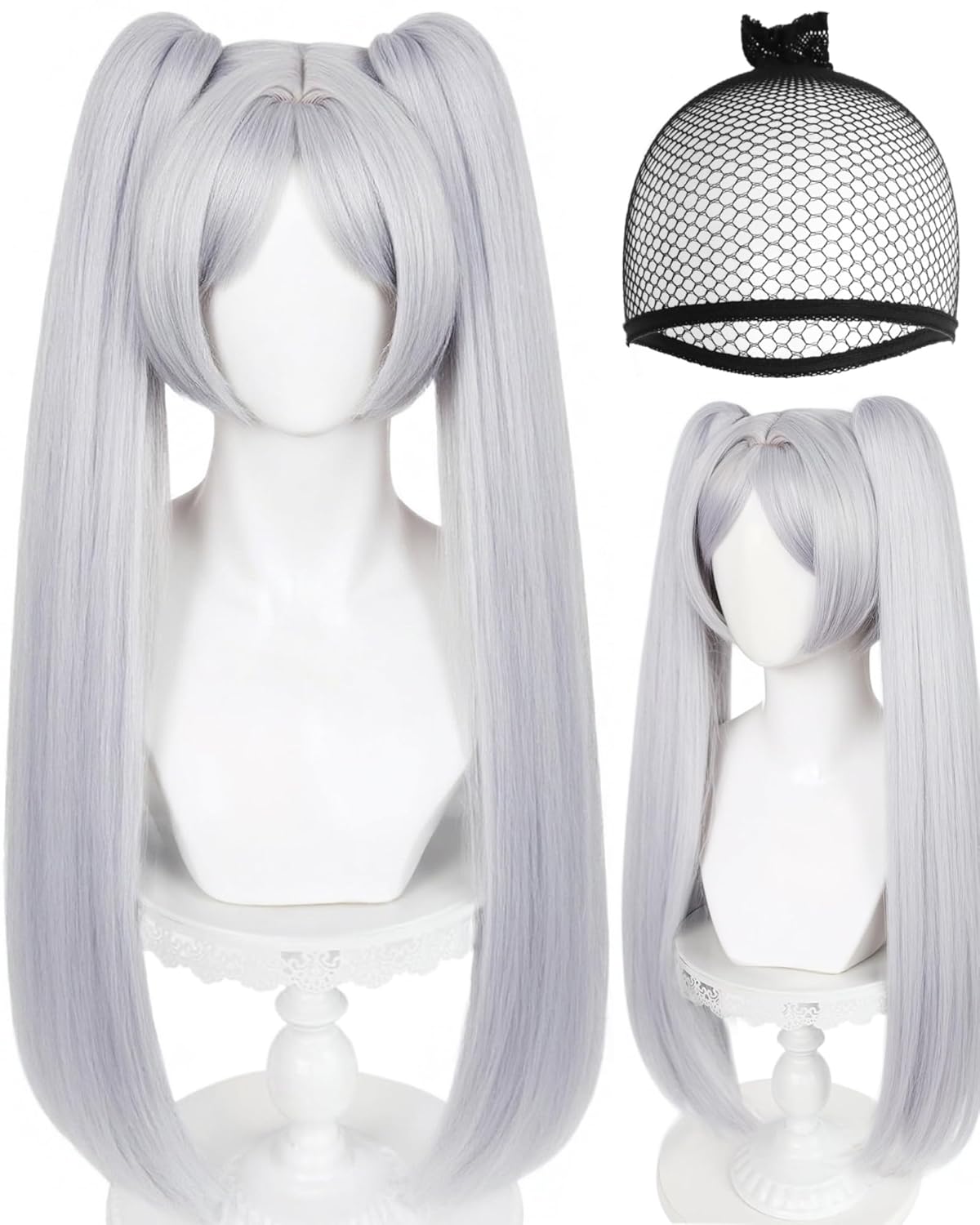 ANOGOL Hair Cap + Frieren Wig Cosplay White Ponytail Wig Women Long Straight Silver Synthetic Hair White Pigtails for Halloween Party Costume Outfit