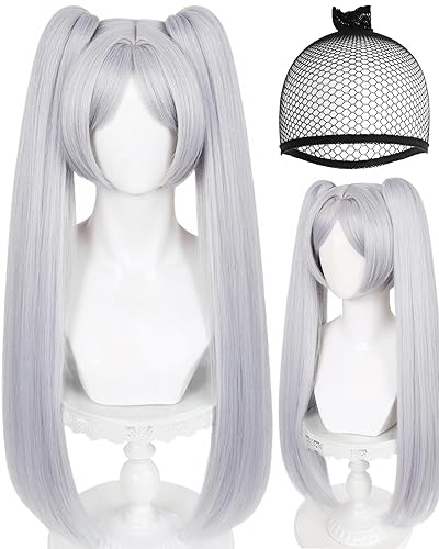 ANOGOL Hair Cap + Frieren Wig Cosplay Sousou no Frieren White Ponytail Wig Women Long Straight Silver Synthetic Hair White Pigtails for Halloween Party Costume Outfit - White