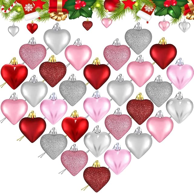 YASQZ Valentine's Day Heart Ornaments,36 Pcs Heart Baubles Heart Shaped Ornament with Rope,3 Styles Christmas Tree Hanging Hearts Decorations for Valentine's Day (Red,Pink,Silver),4.5in