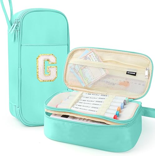 Miniatura 88 de Estuche para lápices extragrande, bolsa de gran capacidad, bolsa de lápices personalizada con inicial con cremallera suave, múltiples bolsillos