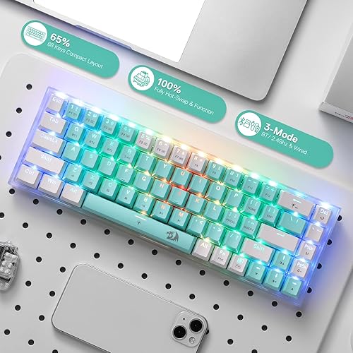 Miniatura 2 de Redragon K631 PRO WT Teclado inalámbrico RGB para juegos 65% de 3 modos, teclado mecánico compacto intercambiable en caliente con conector PCB sin