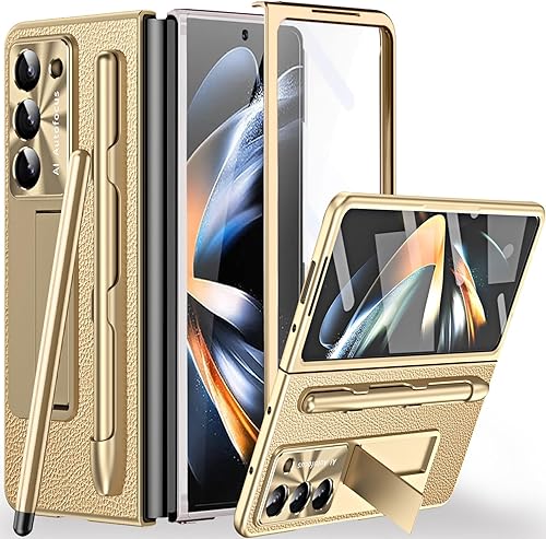 Miimall Funda para Samsung Galaxy Z Fold 5 con S Pen, Z Fold 5 con soporte para bolígrafo, protector de pantalla de vidrio templado y funda de piel