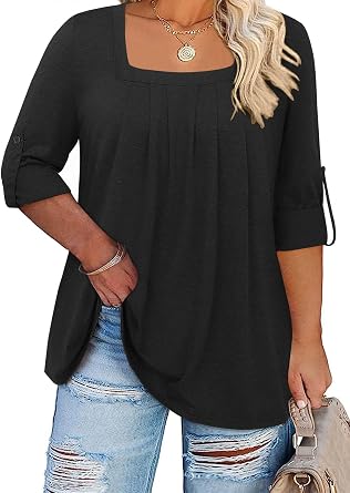 Kancystore Womens Plus Size 3/4 Sleeve Tops Square Neck Work Fall Shirts | Loose Fit Spring Fall Summer Work Tunic Blouses, Pleated Roll Up Sleeve Ladies Tops and Blouses, Business Office Work Clothes