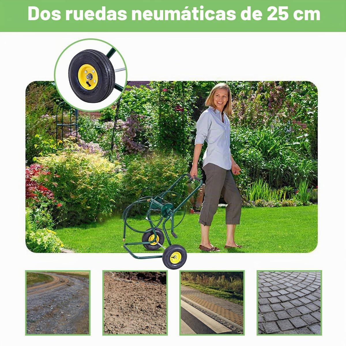 RELAX4LIFE Carro de manguera para manguera de 61 m, 3/4 pulgadas (19 mm), carretilla de manguera de metal con diámetro de 25 cm, manguera de conexión de 188 cm, enrollador de manguera para jardín, 71