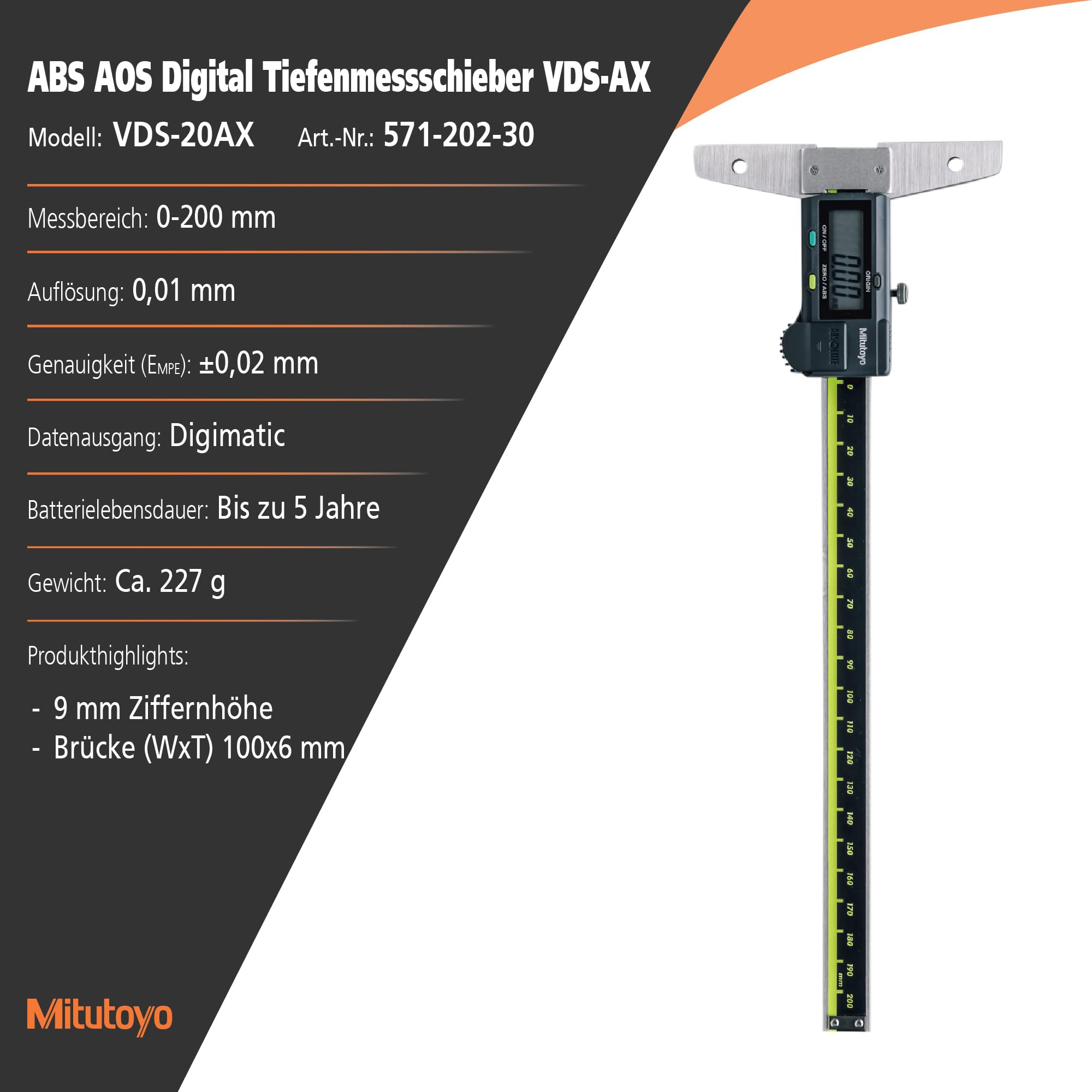 Digital ABS AOS Tiefenmessschieber, 0-200 mm | 0,01 mm, Tiefenmessung, Datenausgang