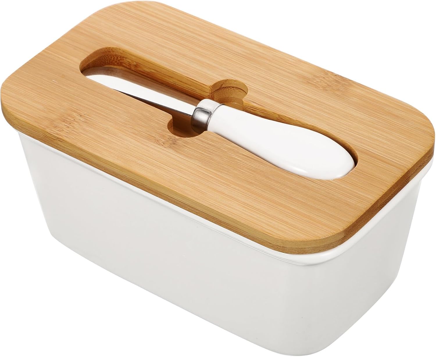 FUOYLOO Ceramic Butter Dish with Lid and Slicer Set White Covered Butter Keeper Container for Kitchen Countertop Cheese Preservation