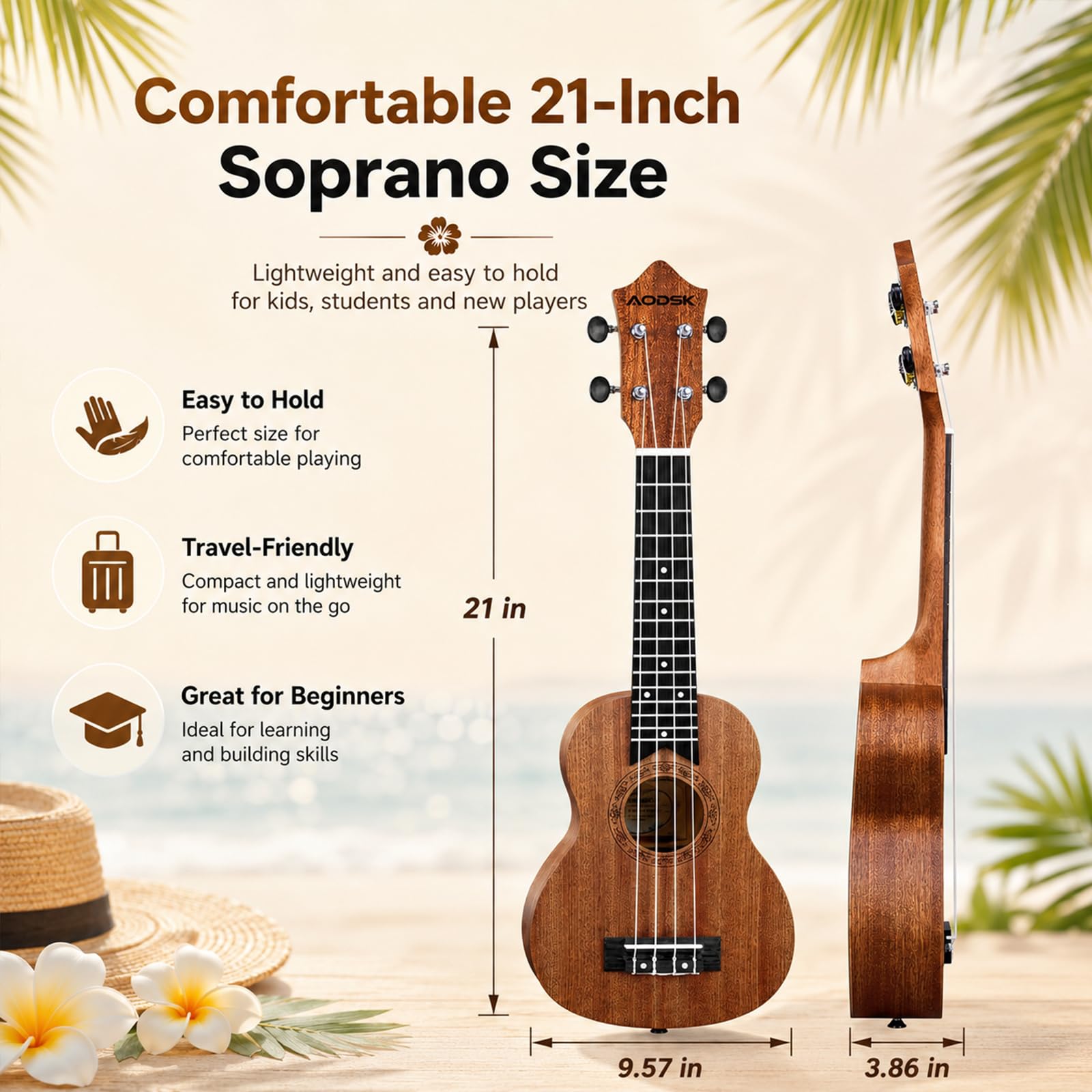 AODSK Ukulele sopranowe dla początkujących 53 cm zestaw Ukelele z torbą Gig Tuner nylonowy sznurek 4 kostki tkanina lekcja online prezent świąteczny