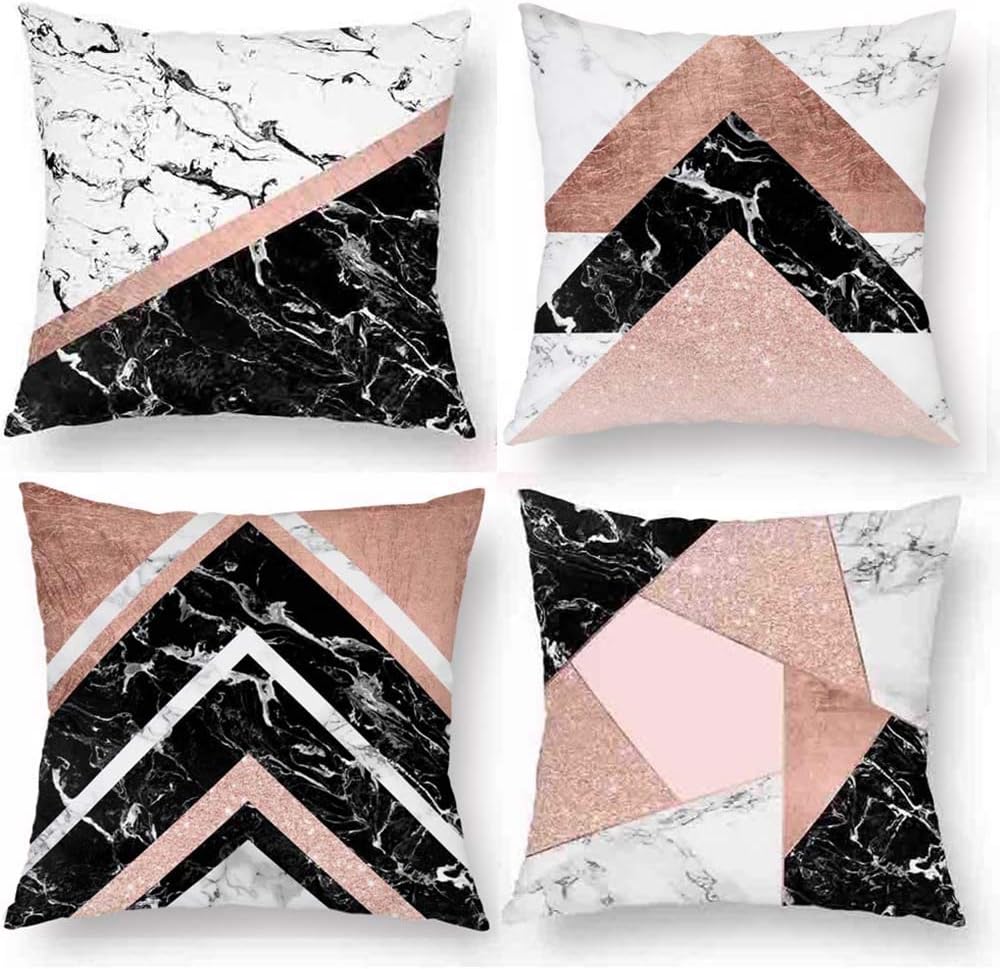 Marble Throw Pillow Covers Black Rose Gold Marble Cream Geometric Triangle Stripe 18 x 18 Decorative Pillow Case for Living Room Bedroom Patio Sofa Couch Home Decor Outdoor Indoor Spring Fall Set of 4