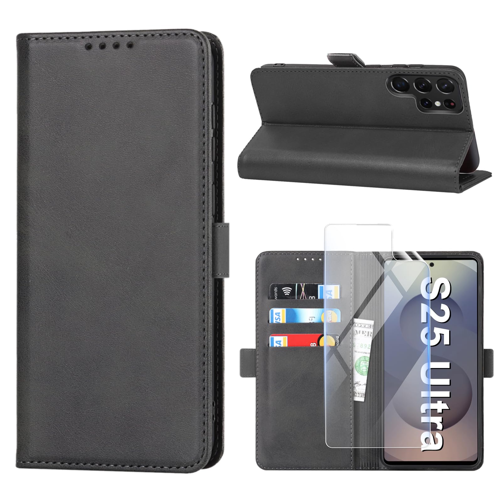 Vaki für Samsung Galaxy S25 Ultra Hülle mit Schutzfolie, Handyhülle S25 Ultra PU Leder Wallet Kartenfach Klapphülle, Schutzhülle für Samsung S25 Ultra Flip Case Cover Coqu Tasche Handyschutz (Schwarz)