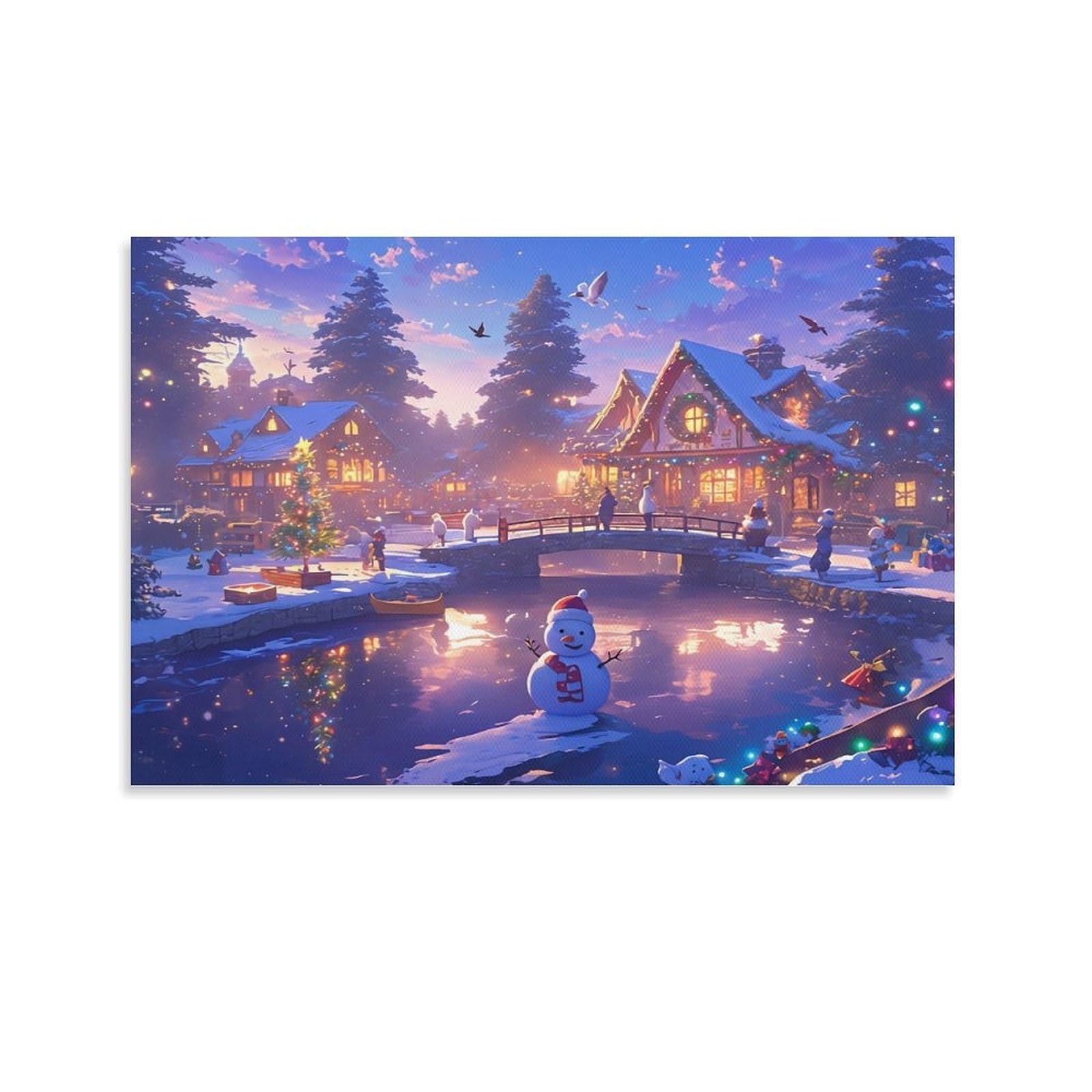 CPLVKWRQJ Winter Village Scene 1 Piece Snowy Town Canvas Art - Birthday Gift Bedroom Canvas Painting Easy to Clean Wall Decor 24x36inch(60x90cm)