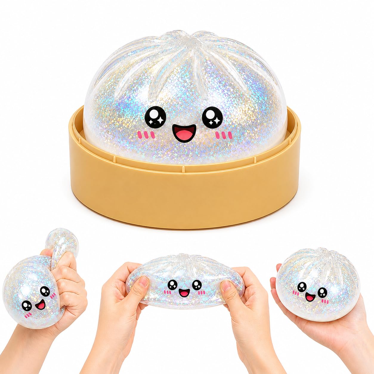 Dumplings Stress Balls, Dumpling Mystery Box, Glitter Bao Toy with Steamer Box, Cute Relief Fidget Toys, Fidget Sensory Stress Ball for Anxiety, Unique Gifts for Kids and Adults（white）