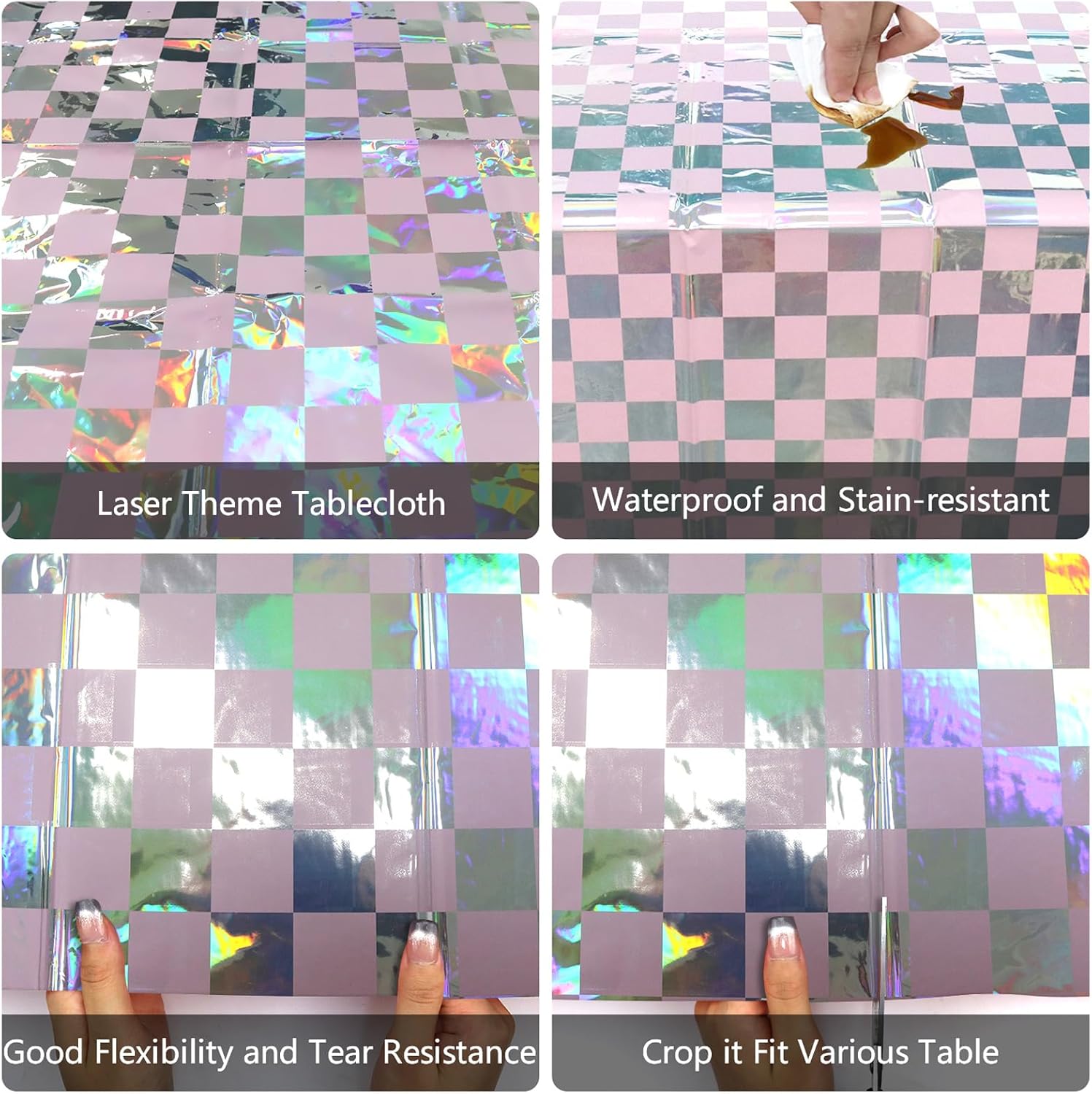 Lilwomen 4-Piece Iridescent Checkered Party Tablecloths, Pink Girls Party Supplies, Laser Rectangle Theme Tablecovers, Iridescent Checkered Table Cover for Girls Kids Baby Shower