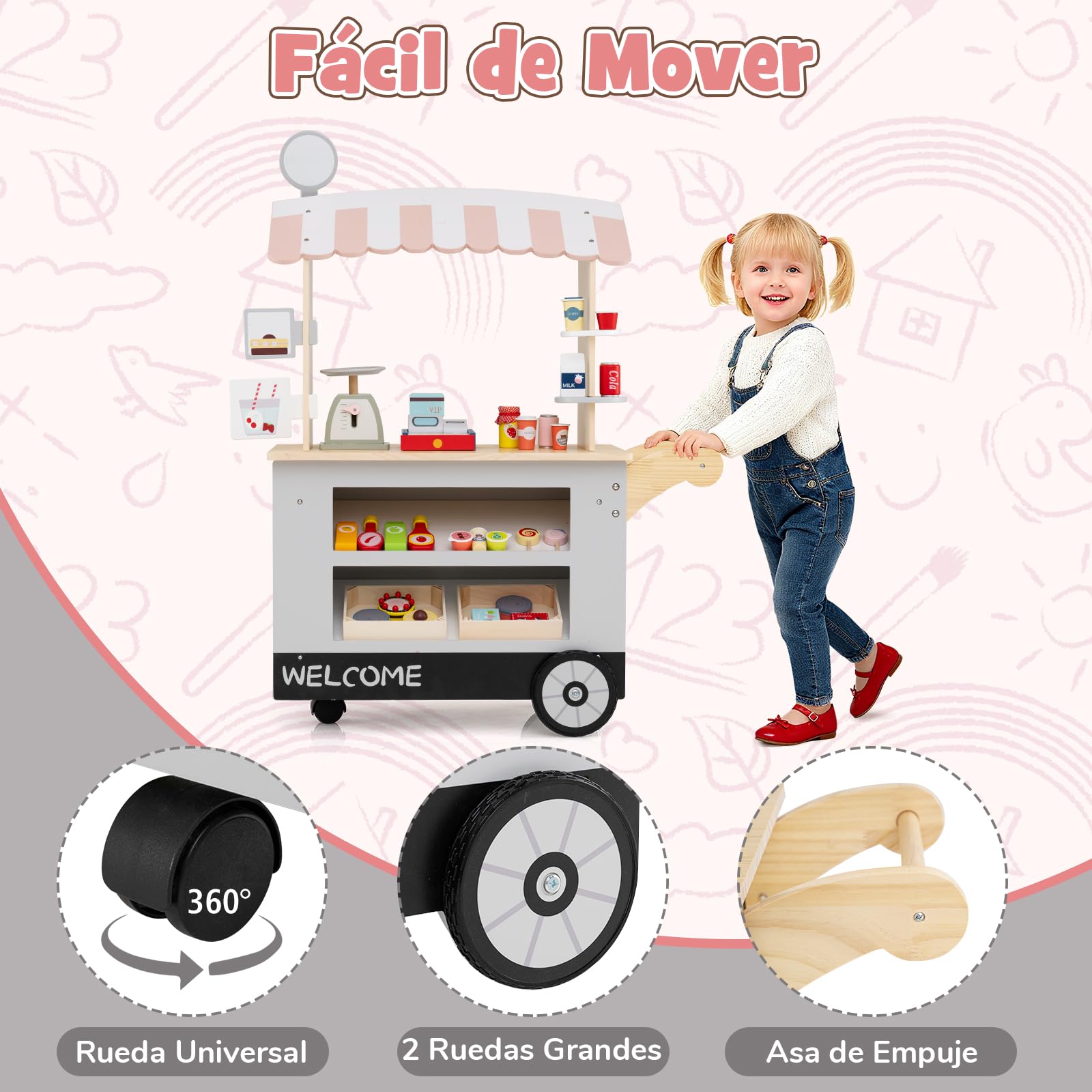 GOPLUS Carrito de Aperitivos para Niños con 30 Accesorios, Comerciante de Madera con Toldo, Carrito de Supermercado con Caja Registradora, Juego de Imitación Educativo para Niños de 3+ Años (Gris)
