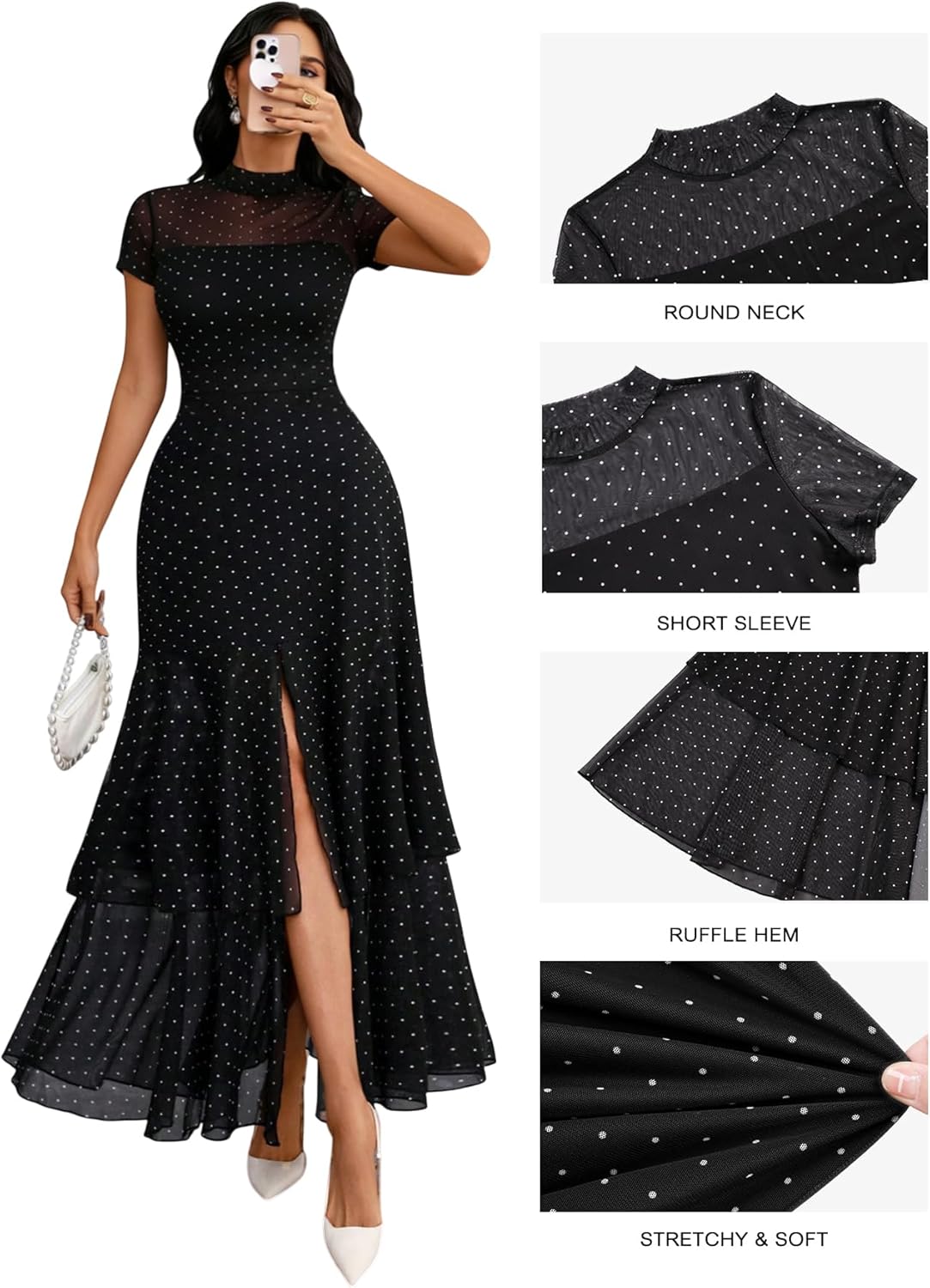 GothDark Women's Summer Mesh Tiered Ruffle Dress Polka Dot A-Line Front Split Flowy Elegant Party Wedding Guest Dresses