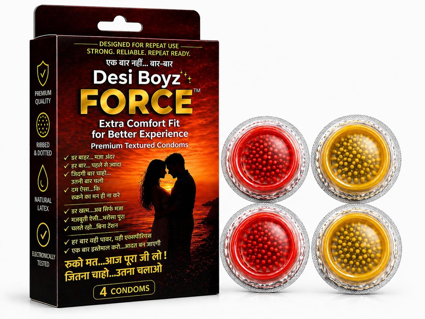 Desi Boyz FORCE™ Premium Textured Condoms Pack of 4 | Dotted & Ribbed Design | Comfortable Fit | Smooth Finish | Natural Latex | Reliable Protection-picture-15