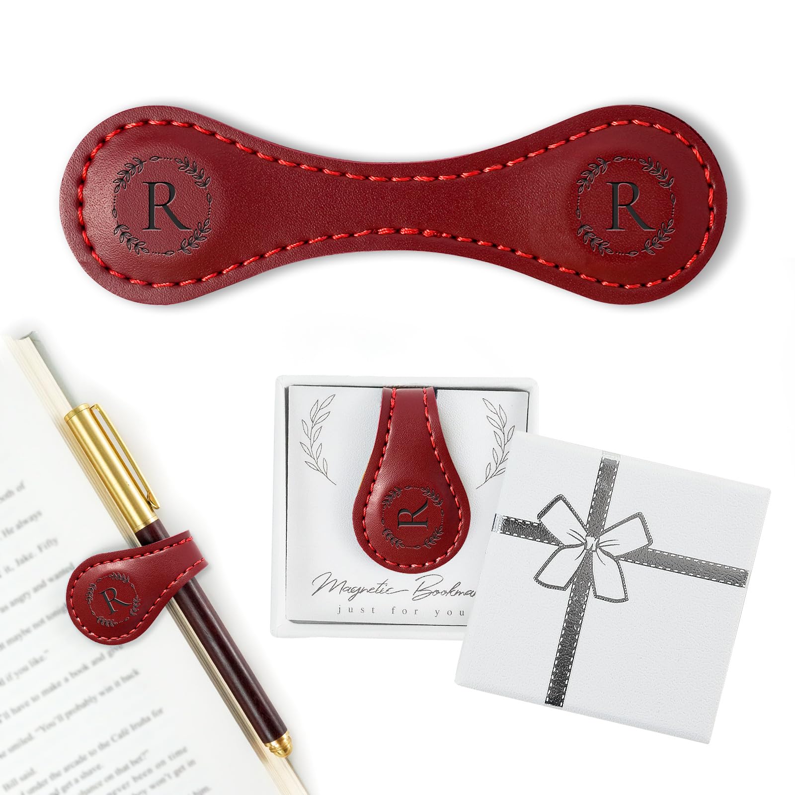 Marque-page magnétique en cuir personnalisé avec porte-stylo - Initiale personnalisée pour lecteurs (Rouge-R)