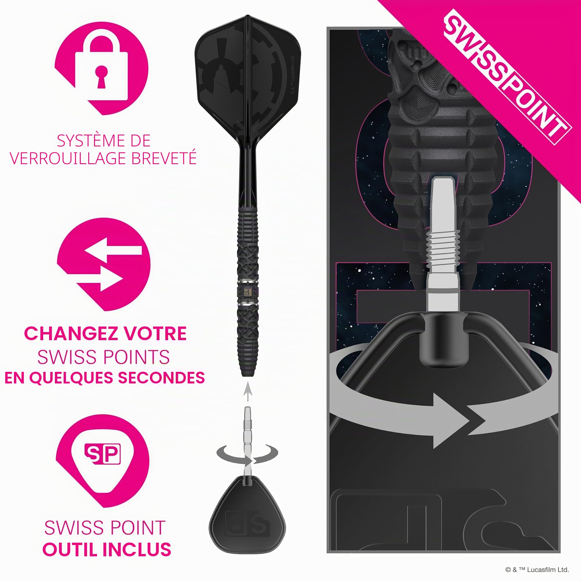 Target Darts Star Wars Darth Vader 95% Tungstène Pointe en Acier Fléchettes, 22G/24G/26G | Pointes Black Swiss Storm, Tiges et Ailettes K-Flex N° 2/ N° 6 Rouges et Noires, Portefeuille Takoma