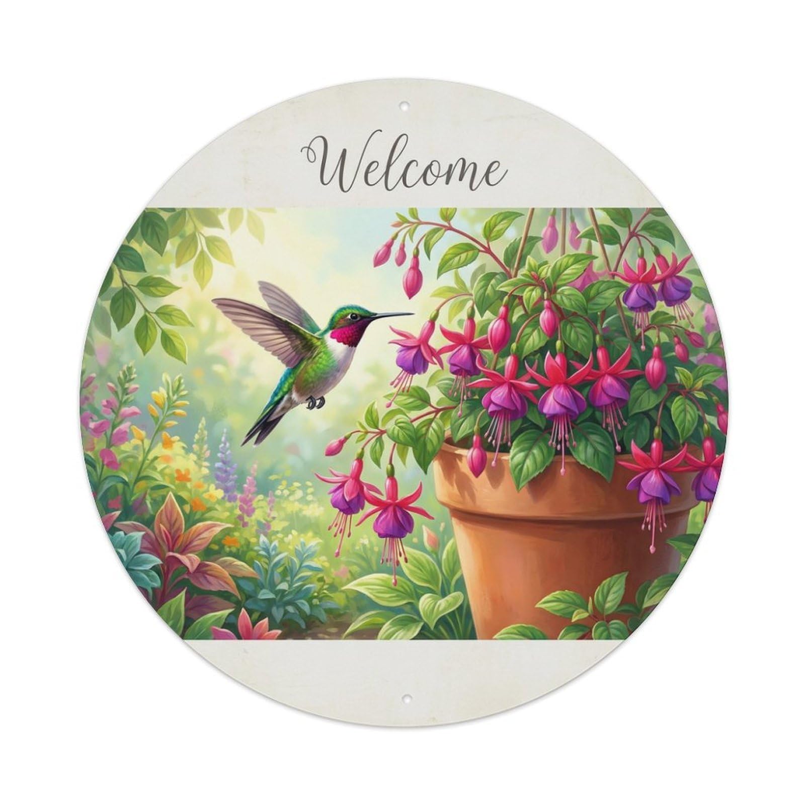Metal Tin Sign Welcome Hummingbird Fuchsia