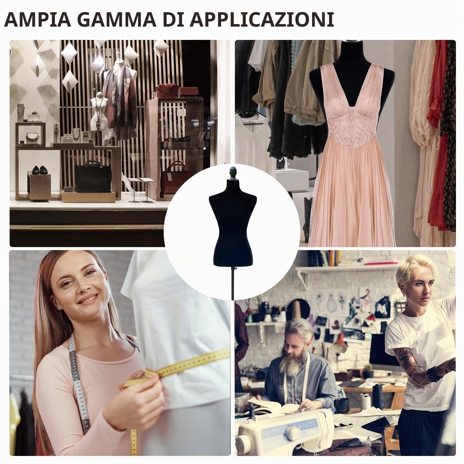 HOMCOM Manichino da cucito femminile regolabile a 130-168 cm con treppiede in legno 50 spille colorate per la fotografia di moda e l'esposizione di indumenti Nero
