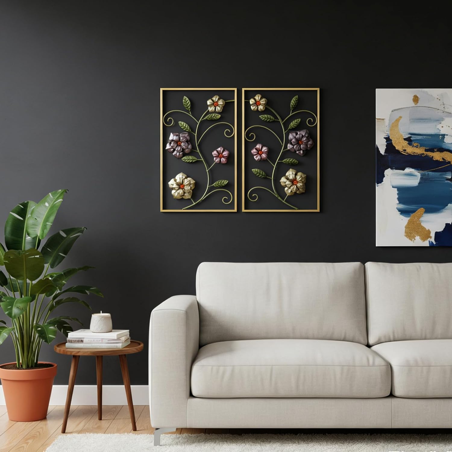 3D Metal Wall Art for Living Room - Set of 2 Framed Floral Wall Art, Metal Flower Wall Decor for Modern Bedroom, Bathroom, Office, or Entryway Farmhouse Decorations