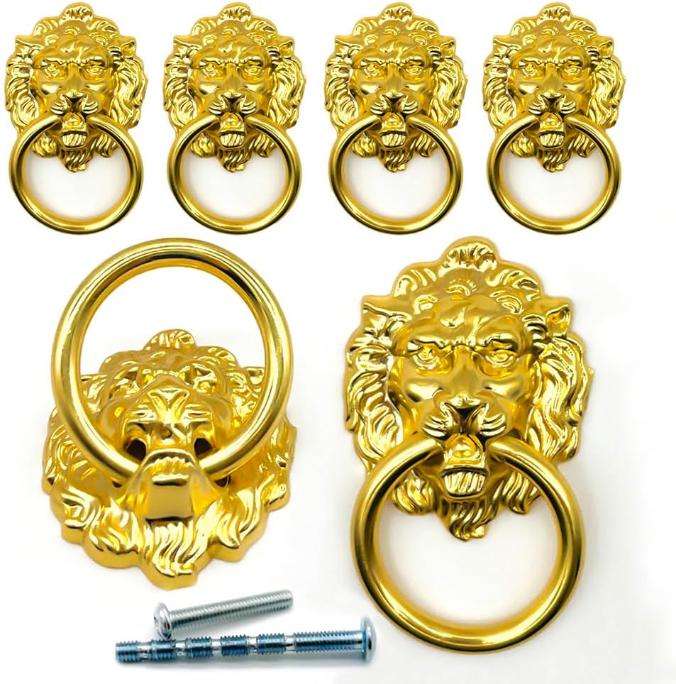 6Pcs 6Pcs Antique-Gold-Lion-Head-Drawer-Pulls, Vintage-Golden-Animal-Cabinet-Pull-Ring, Retro-Lion-Wood-Dresser-Handles (Gold)