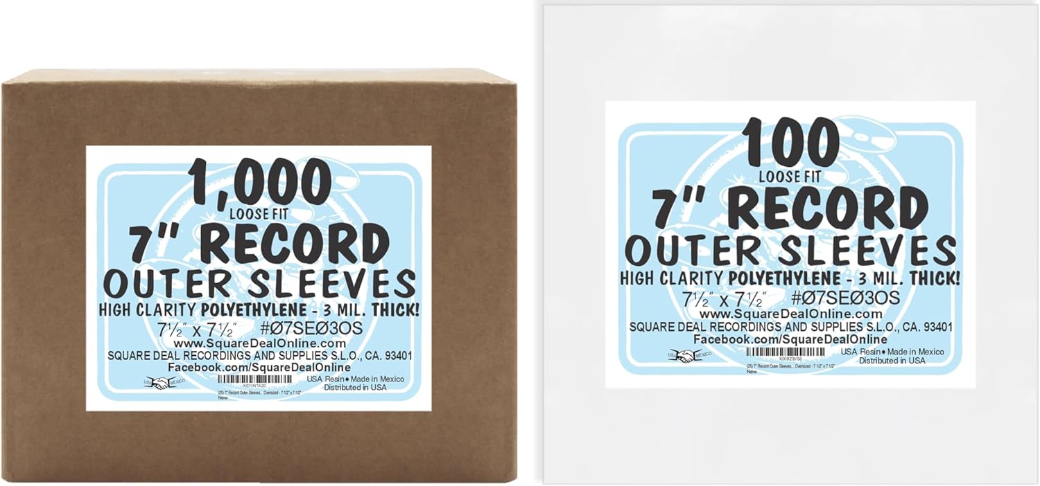 (1,000 Pack) 7 inch Loose Fit 45rpm Record Outer Sleeves - Heavy Duty 3 Mil Thick Soft Polyethylene - 7-1/2" x 7-1/2" #07SE03OS