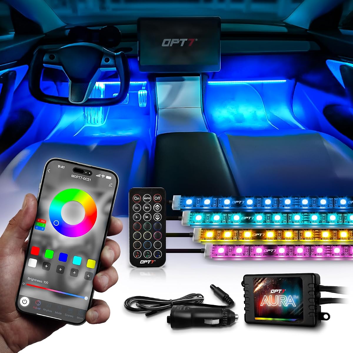 OPT7 Aura Pro Multicolor Interior Car Lights with App & Remote, 4PC LED Kit | Interior Ambient Glow, Music Sync Lighting, 12V Car Charger, RGB LED Light Strips, SUV Under Dash Decor