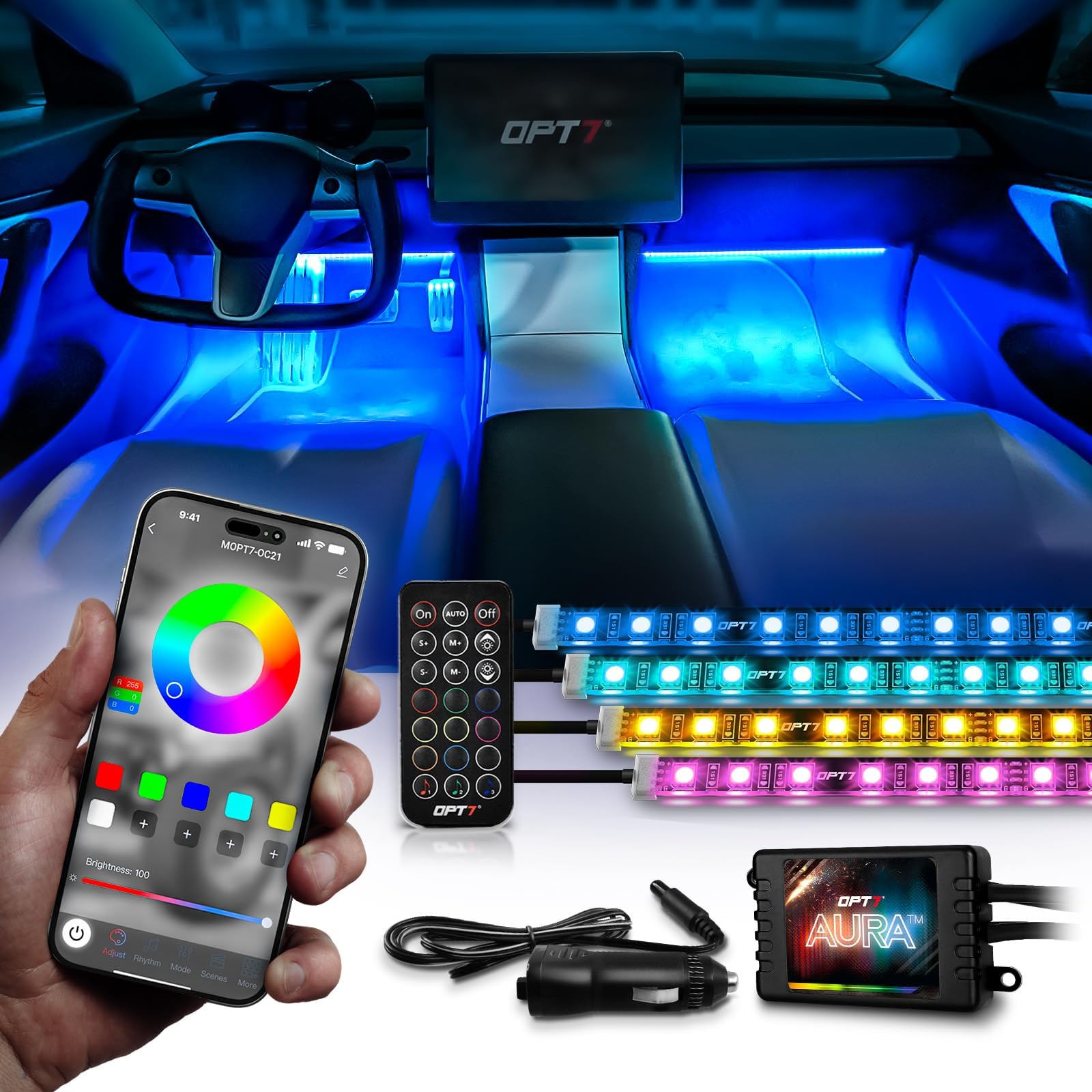 OPT7 Aura Pro Interior Car Lights with App Control, Color Change, Music Sync Inside Ambient Lighting Kit, Car LED Lights Under Dash Accessories, Charger Adapter 12V, 4pc Single Row LED Strip