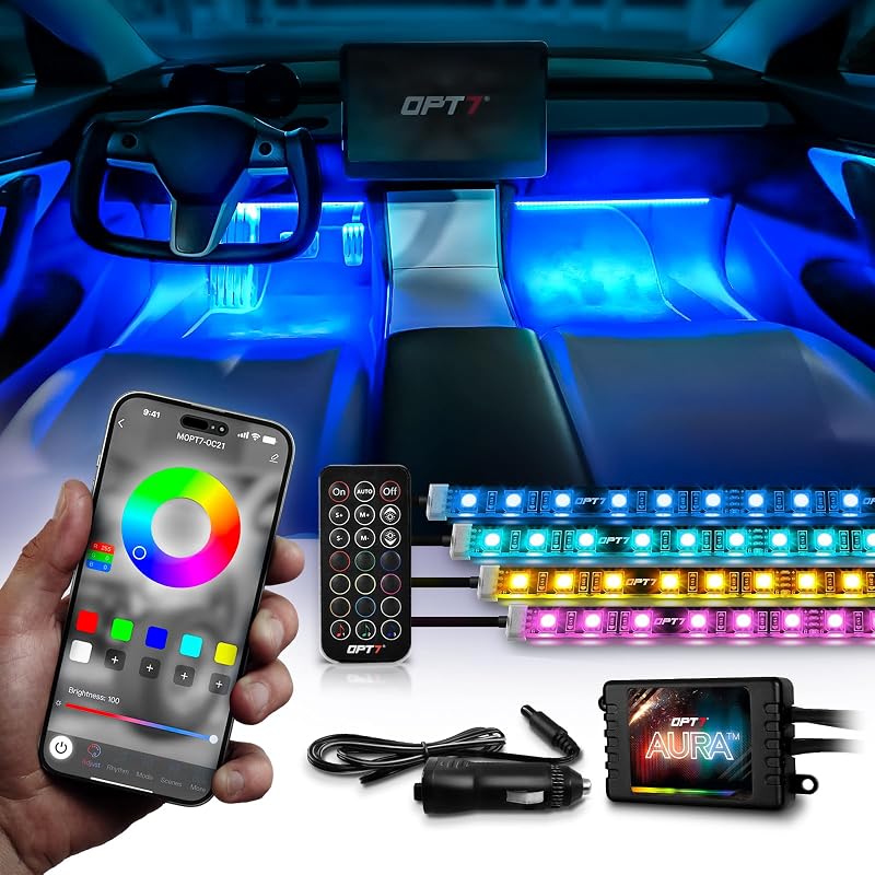 OPT7 Aura Pro Multicolor Interior Car Lights with App & Remote, 4PC LED Kit | Interior Ambient Glow, Music Sync Lighting, 12V Car Charger, RGB LED Light Strips, SUV Under Dash Decor