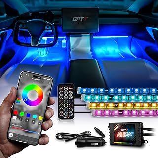 OPT7 Aura Pro Interior Car Lights with App & Remote Control, Multicolor Change, Music Sync Inside Ambient Lighting Kit, Car SUV Van Under Dash Decor, 12V Charger Adapter, 4PC Single Row LED Strip
