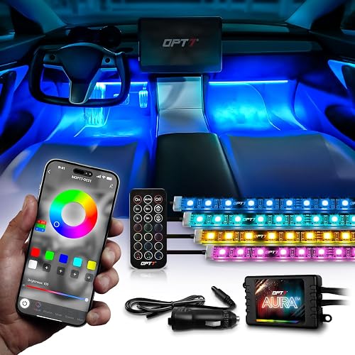 OPT7 Aura Pro Multicolor Interior Car Lights with App & Remote, 4PC LED Kit | Interior Ambient Glow, Music Sync Lighting, 12V Car Charger, RGB LED Light Strips, SUV Under Dash Decor