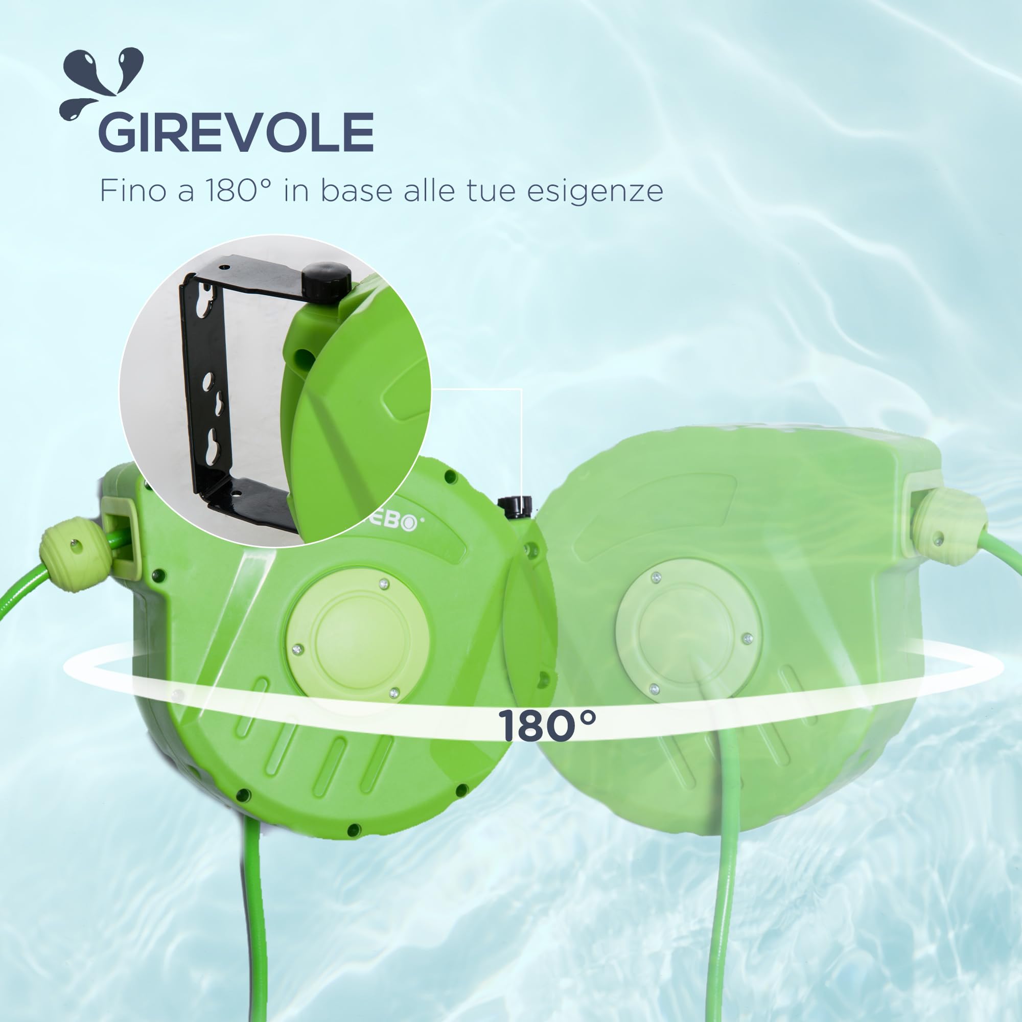Outsunny Avvolgitubo da Giardino Retrattile con Tubo dell'Acqua 10 m, Rullo Avvolgitubo da Parete Girevole a 180°, Avvolgitubo Automatico Tubo da Giardino per Irrigazione in plastica, Verde