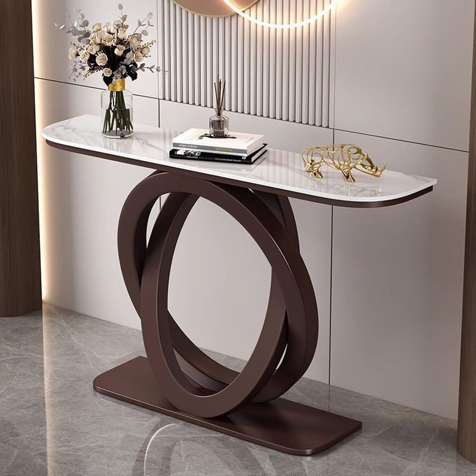 MESCXTY Console Table, Modern Entryway Table with Oval Frame, Narrow Faux Marble Accent for Living Room, Hallway, Entrance(39 Inch, White & Brown)