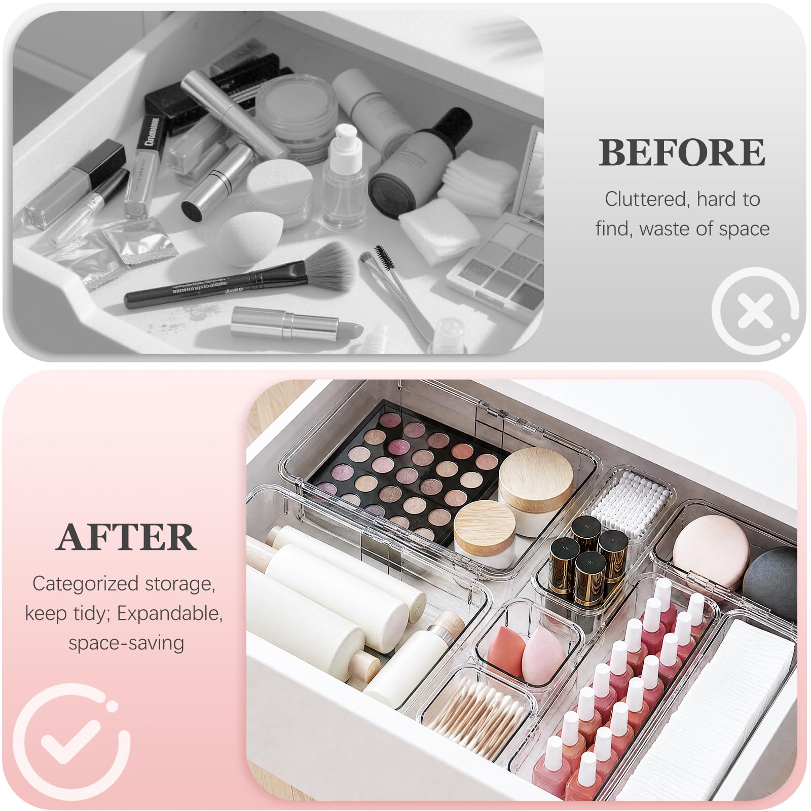 Lot de 16 organiseurs de tiroir extensibles transparents réglables en plastique antidérapant pour maquillage, cosmétiques, bijoux, ustensiles, papeterie, commode