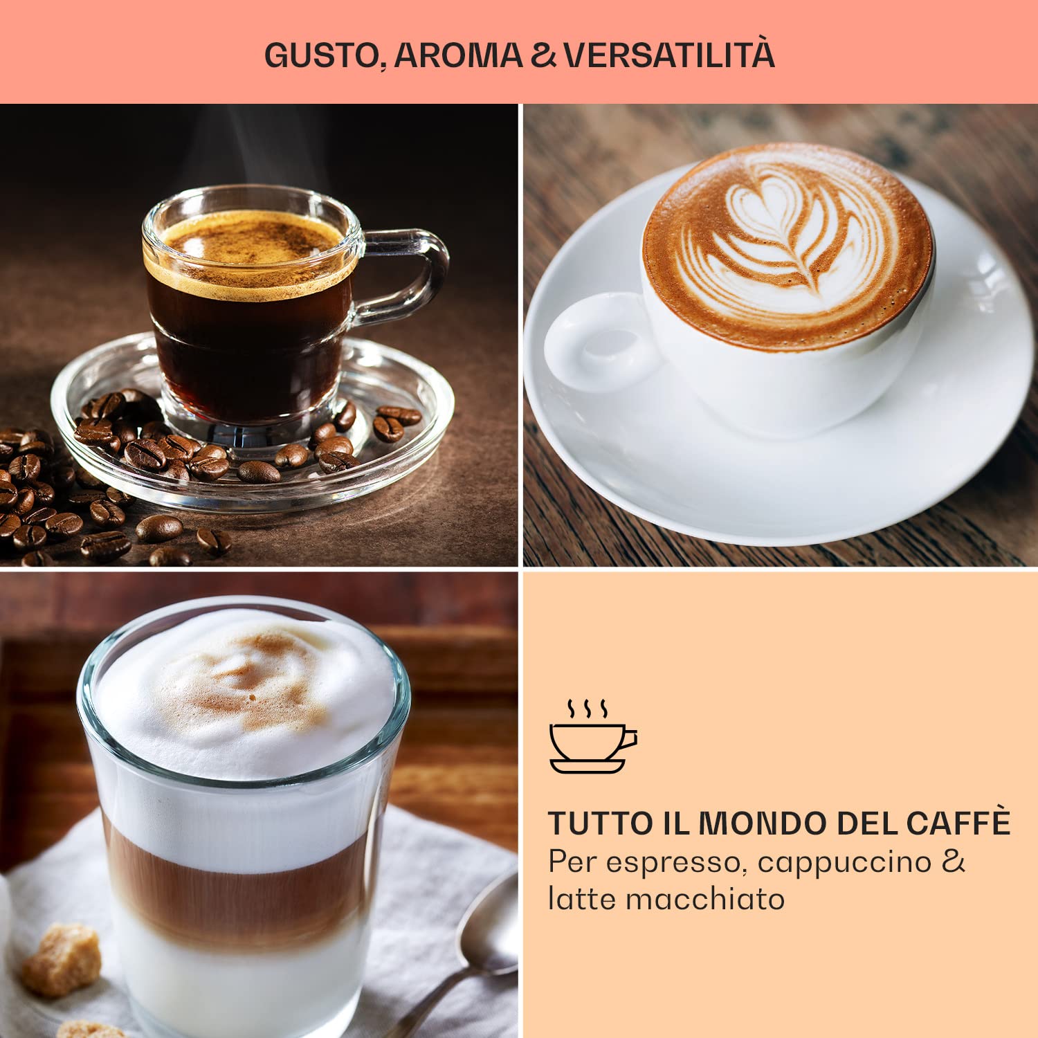 KLARSTEIN Macchinetta Caffe Espresso 1.4L, a Cialde, Caffè Macinato e Cappuccino, da Barista da 20 Bar, In Acciao Inox, 1450W con Montalatte