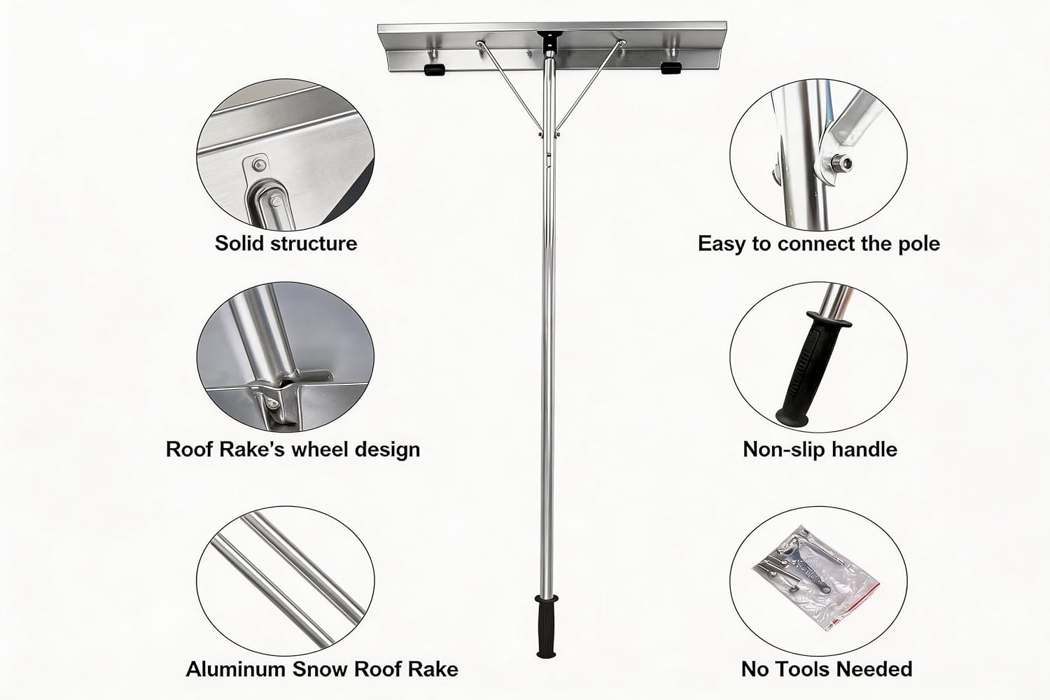 Snow Roof Rake with Wheels,Roof Rake Aluminum with Adjustable Telescoping Pole & Anti-Slip Grip Used for Clearing Snow on The Roof of Houses and Fallen Leaves in The Courtyard.