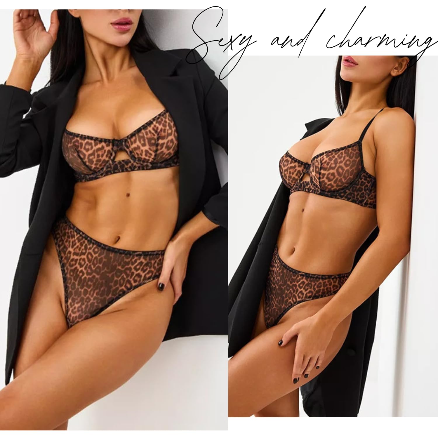 Conjunto de lencería Transparente con Estampado de Leopardo Conjunto de Ropa Interior de Leopardo de Malla Ultrafina Conjunto de Sujetador y Braguitas con Aros Babydoll de Cintura Alta Conjunto de