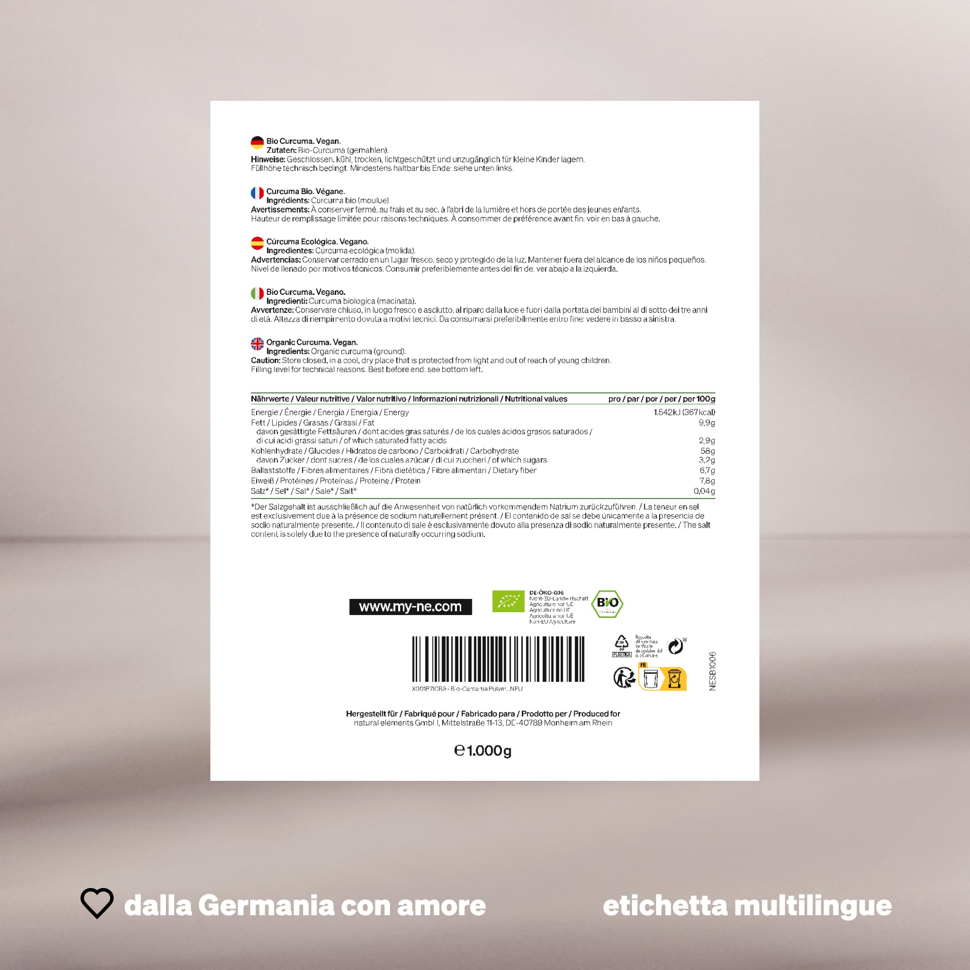 Bio curcuma in polvere 1 kg – da coltivazione biologica controllata – testata in laboratorio, senza additivi, 100% curcuma, certificata bio, vegana, senza glutine, da coltivazione sostenibile