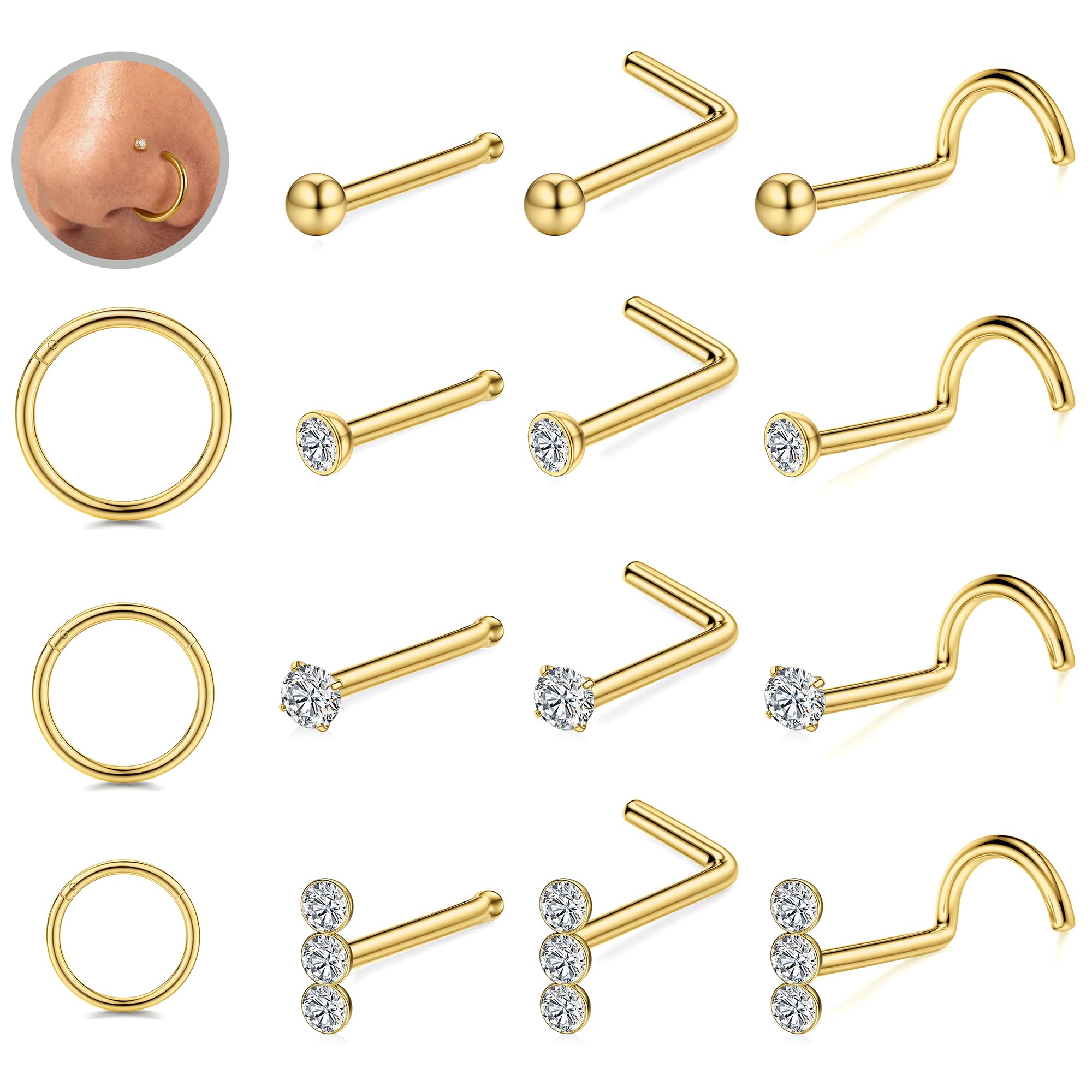 LOLIAS 15Pcs Piercing Nariz Oro Plata Piercing Nariz Acero Quirurgico 6/8/10MM Piercing Nariz Aro Piercing Septum Nostril Pendientes Nariz para Mujer 18/20G