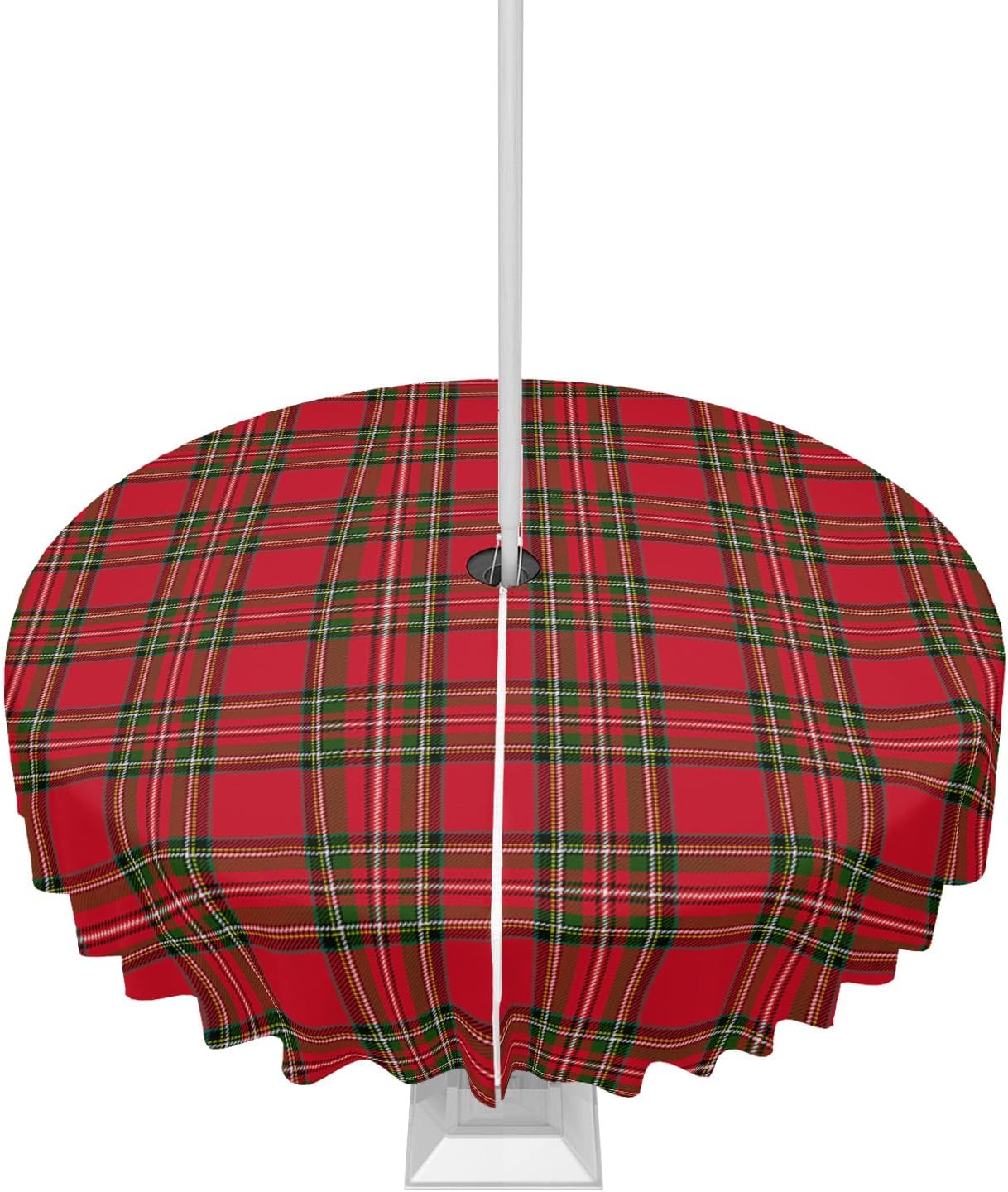 Christmas Tablecloth Red Green Plaid Round Outdoor Tablecloths 60 Inch, Patio Table Cloths with Umbrella Hole and Zipper, Xmas Buffaloered Table Cover for Outdoor Tables Dining Xmas Holiday Party