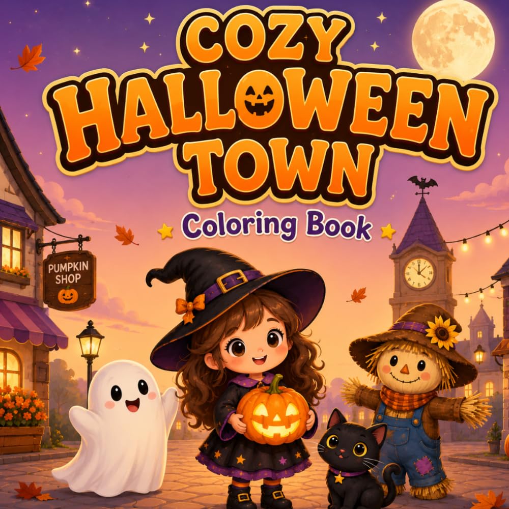 Cozy Halloween Town Coloring Book for Kids: 40 Cute and Spooky-Fun Halloween Scenes with Witches, Ghosts, Pumpkins and Trick-or-Treat Adventures for Children Ages 4-8