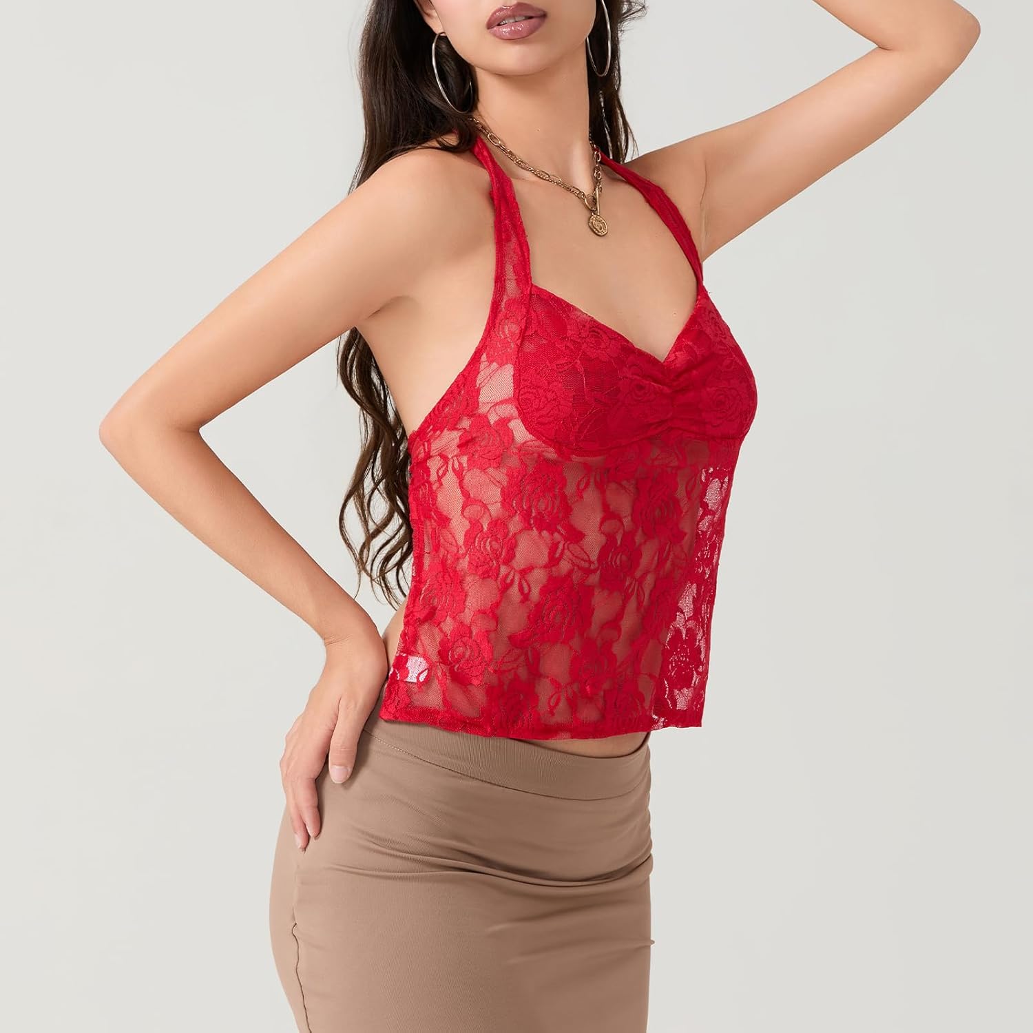 Women Lace Crop Tank Tops Lace See Through Backless Tie-Up Halter Going Out Tops Sleeveless Cami Shirts Streetwear - Image 3