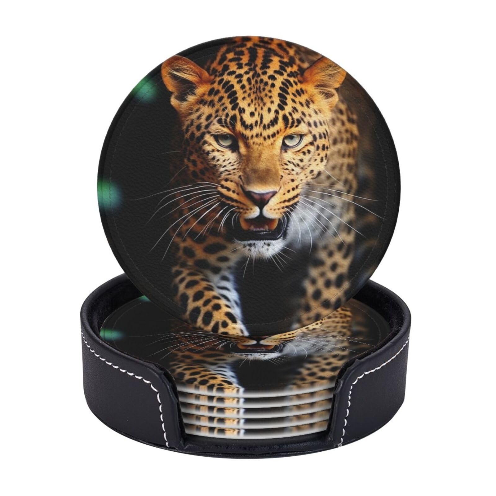 6PCS Drink Coasters with Holder, 4" Leather Coasters for Drinks, Leopard Cup Coasters for Coffee Table Decor, Non-Slip Drinking Cup Mat for Hot or Cold Drink