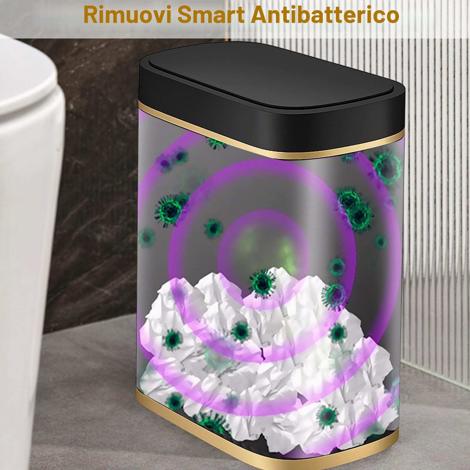 Pattumiera da 8 l, con sensore intelligente, da cucina con coperchio, per cosmetici, per bagno, inodore e impermeabile, senza rumore, touchless26,5 x 29,5 x 14 cm (nero)