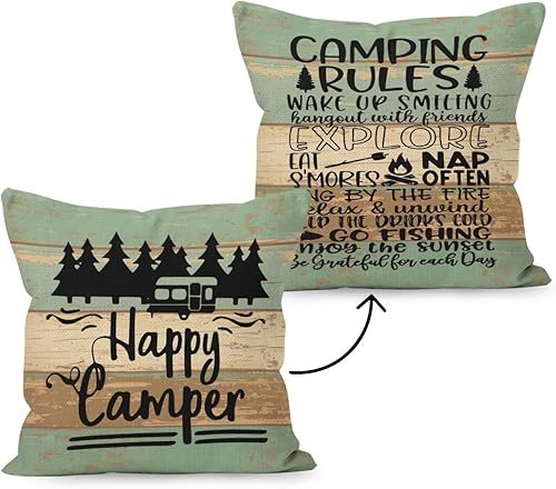 HUYAW Funda de almohada reversible con tablero de madera rústica Happy Camper, regalos para mujeres y hombres, funda de almohada con reglas de