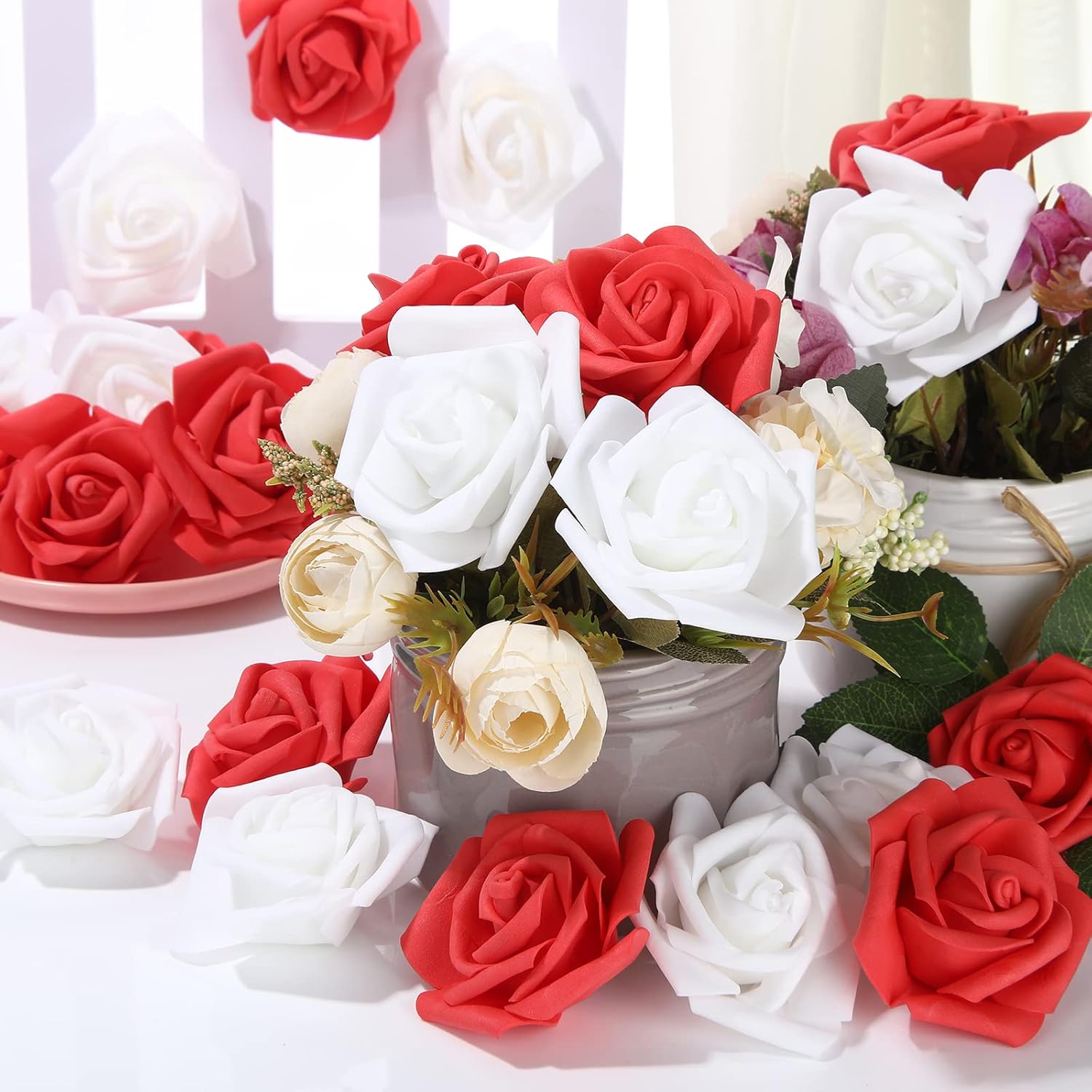 Chuangdi 140 Pack Artificial Roses Flowers Bulk, 1.25 x 3 Inch Foam Flowers Heads for Rose Wall Backdrops Decoration, Wedding Centerpieces, Bouquets DIY Crafts, Bridal Shower(Red, White)