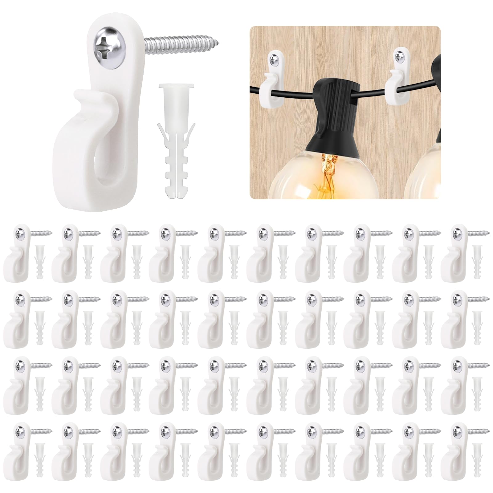 KIBBEH 40-Pack White Q-Hanger Screw Hooks with Safety Buckles,for Indoor and Outdoor String Lights, Wind Chimes, Potted Plants