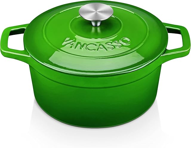 vancasso Cast Iron Pot, Non-Stick Ovenproof Enamelled Casserole Pot, 3 Liters Green Casserole Dishes with Lids Oven Proof, Round Cast Iron Dutch Oven for All Stovetops Compatible - 22cm