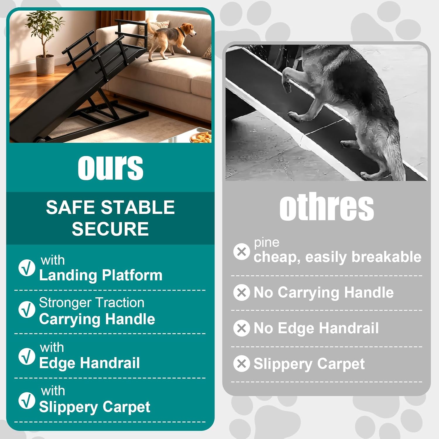 CypherX Dog Ramp for Couch or Bed, 18" W Folding Wooden Pet Ramp with Anti-Slip Rubber Mat & 3 Removable Safety Side Rails, 6 Adjustable Height from 17" to 29" for Small & Large Dogs & Cats